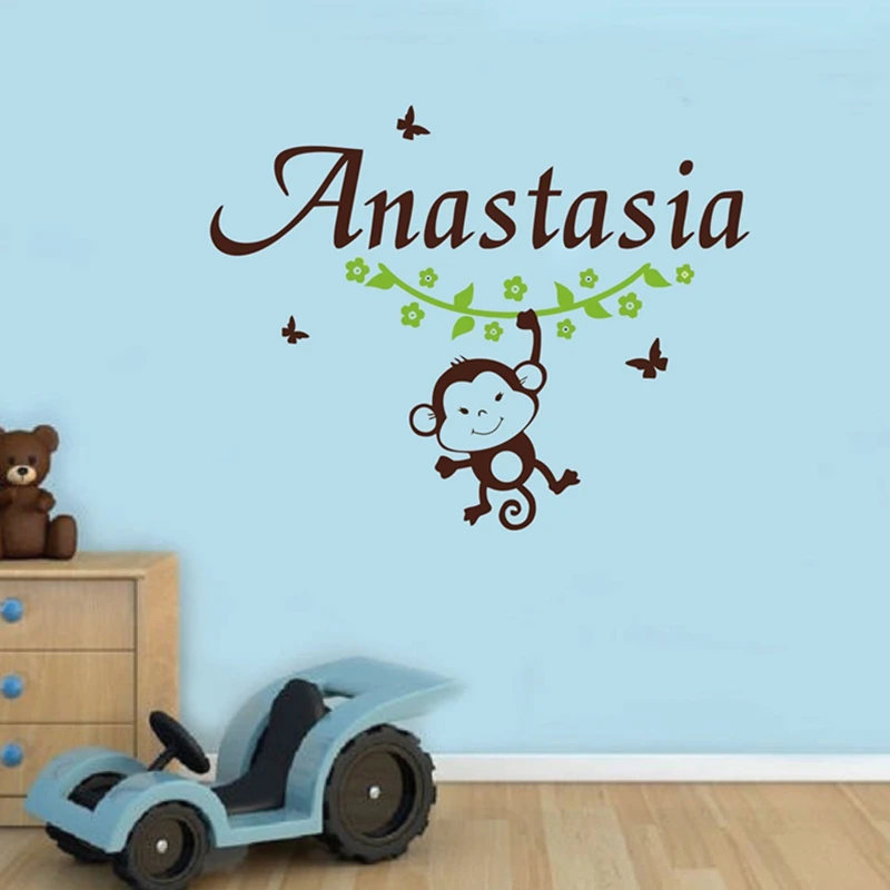 Autocollants Muraux Personnalises En Vinyle Fleur De Singe Et Papillon Avec Nom Pour Enfants Decoration Artistique Pour Chambre De Bebe Diy Bricolage Aliexpress