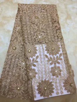 

Light pink african white lace fabric 2018 Rhinestones beads lace fabric high quality french net lace for wedding dress 5yard/lot