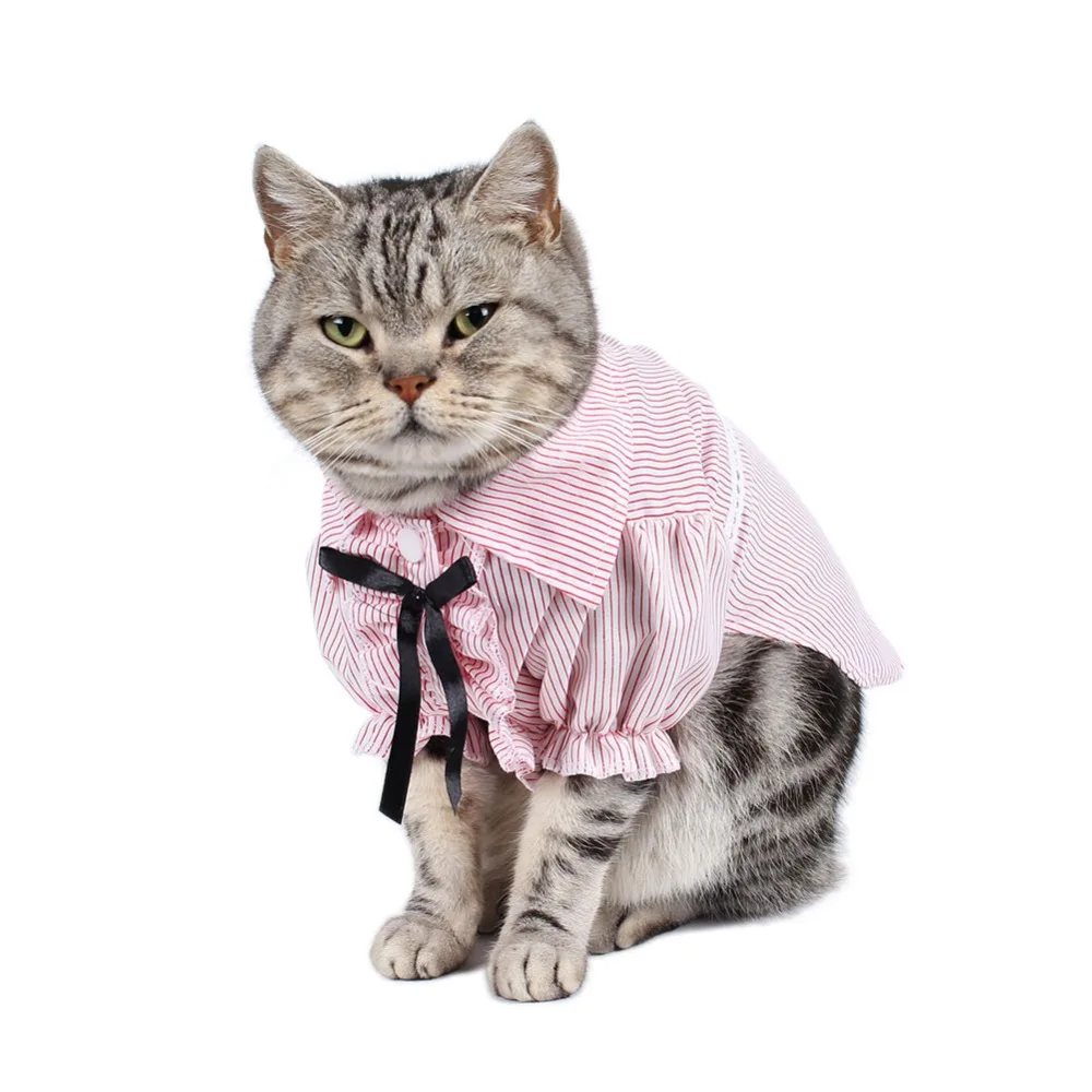 

Sweet Cats Dogs Shirts Pink Blue Stripes Bubble Sleeve Lace Cat Coats Blouse Pet Clothes vetement chat S-XXL