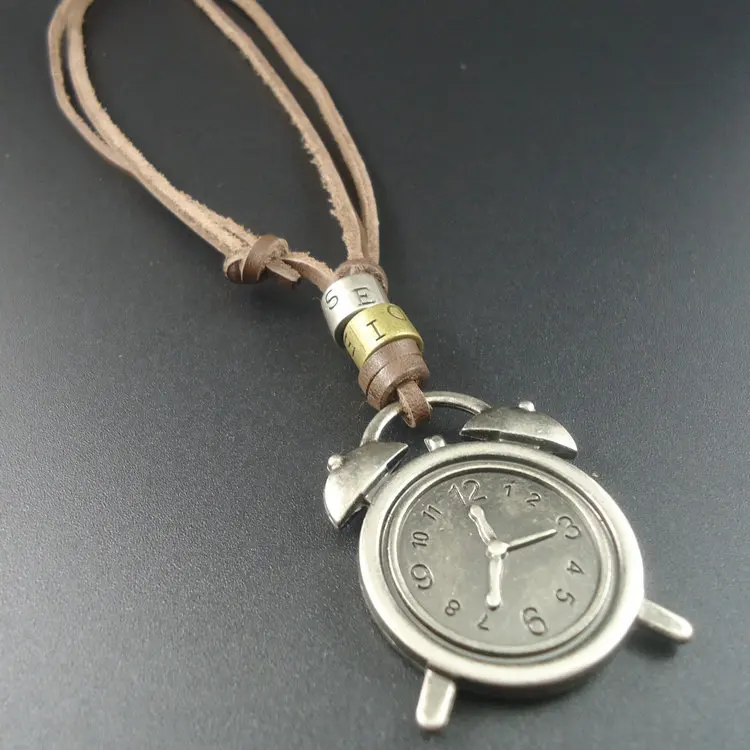 2015 New Arrival Fashion Head Layer Cowhide Vintage Alarm Clock Pendant Necklace for Women Men