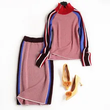 2017 new brand runway women sprint winter 2 piece skirts suits elastic turtleneck sweaters and knee