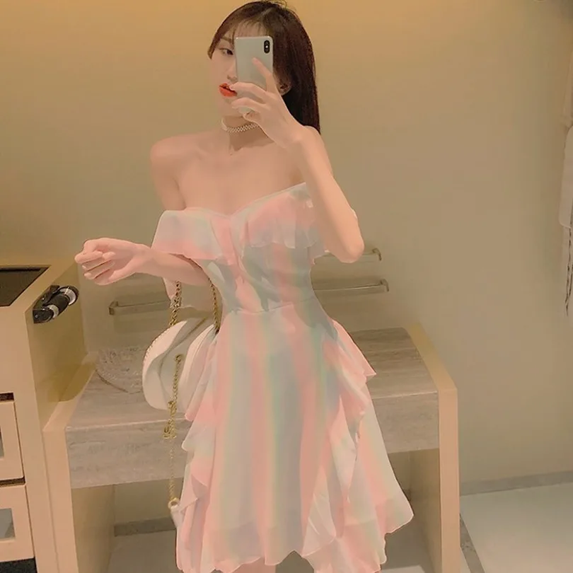 

MVGIRLRU Rainbow Color Off Shoulder Strapless Dress Girls Summer Ruffles Asymmetric Hem Dresses