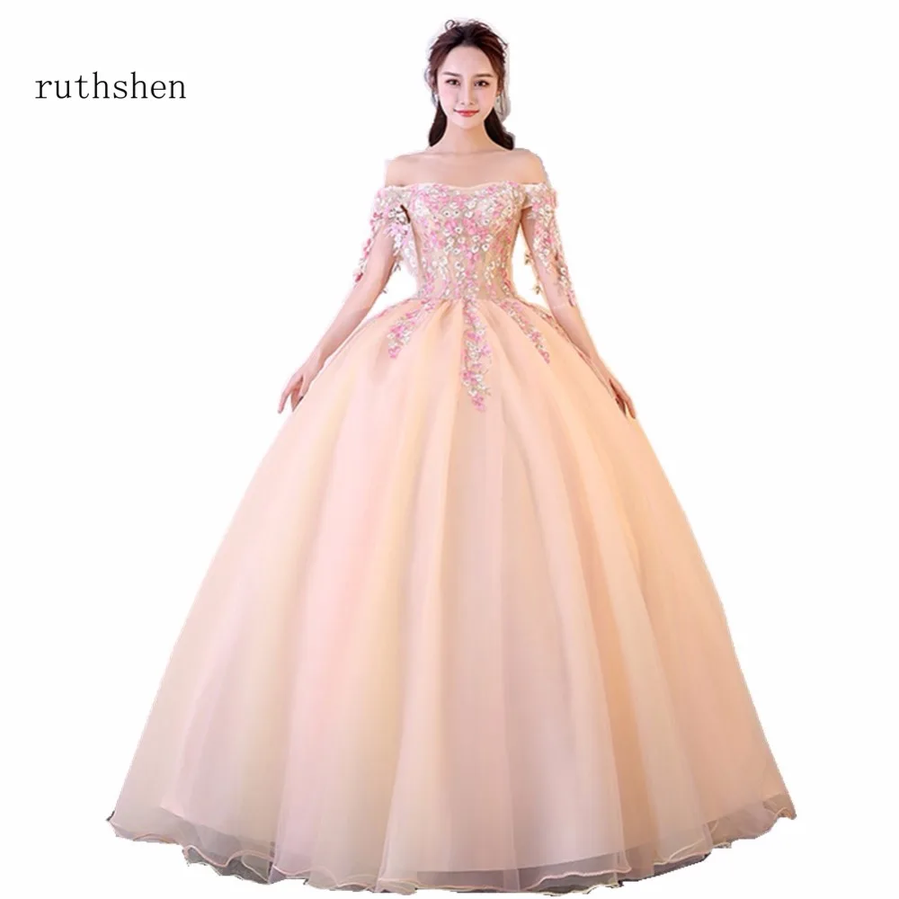 

2018 New Arrivals Popin Off the Shoulder Appliques Flowers Decorated Quinceanera Dresses Ball Gown Off The Shoulers Prom Dresses