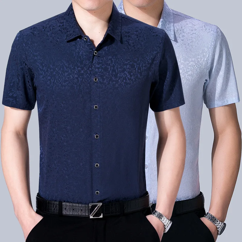 Men's Silk Shirt Short Sleeved Casual Ironing Jacquard Silk Half