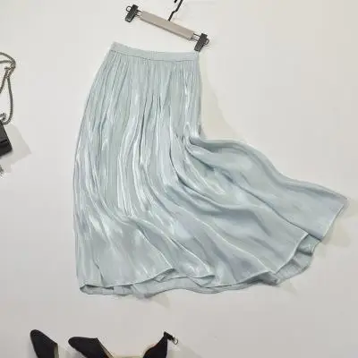 Spring New Korean Style Pleated Skirt Elastic Waist Pearl Luster Silk Slippery Faldas Largas Elegantes Free Shipping - Цвет: Water Green