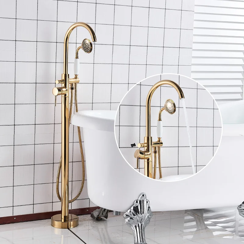 Роскошный Золотой напольный кран для ванны раковины с одной ручкой для душа и ванной набор отдельно стоящая Ванна Смеситель кран с Handshower - Цвет: Gold B