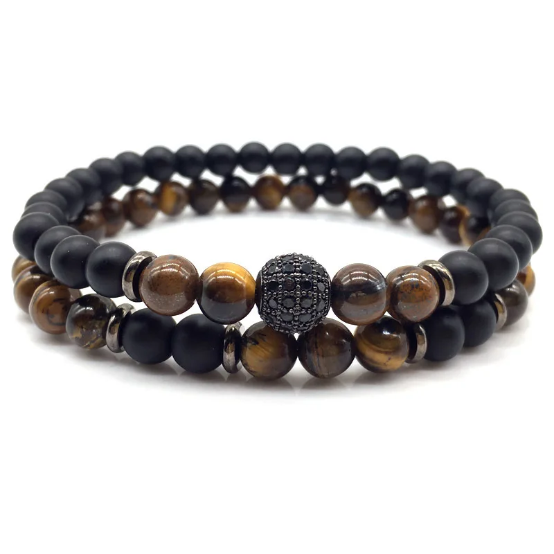 

2019 New Fashion 2pcs/set Cz Ball Men Bracelet Charm 6mm Stone Beaded Bracelet Men Armband Jewelry Gift