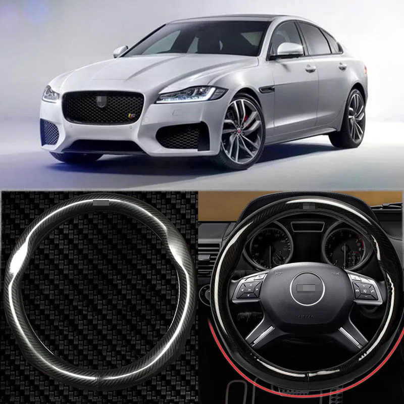 

15" Black High Quality Carbon Fiber Leather Steering Wheel Cover For Jaguar XF/XJ