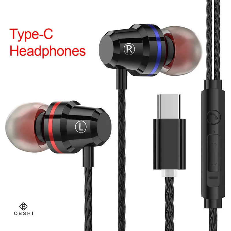 

Type-c In-ear Earphones Wired Control Stereo Bass Sound Earbuds Metal Sport Gaming Headset with Mic for Xiaomi Huawei Letv