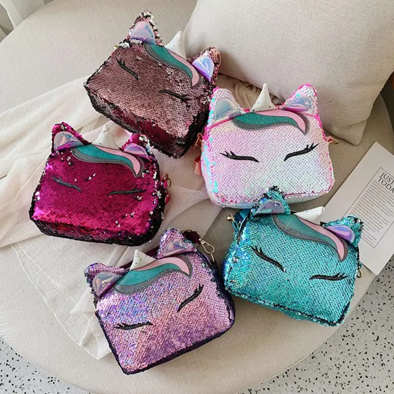 

Lovely Unicorn Shiny Sequins Crossbody Bag Girls Mini Laser Multicolor Sequin Handbag Women Over Shoulder Bags Pouch Dropship
