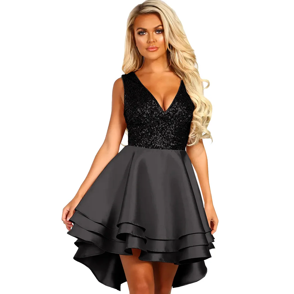 

New party dress sequins sexy V-neck A-line dress sleeveless high waist short before long glitter dress strapless back dress