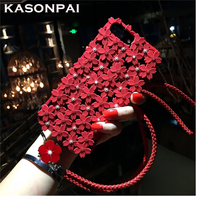 

KASONPAI Cute Hollow Out Cherry blossoms Flowers Beads Soft Silicone Case for iPhone 6 6s 7 8 plus Back Cover Case with Lanyard