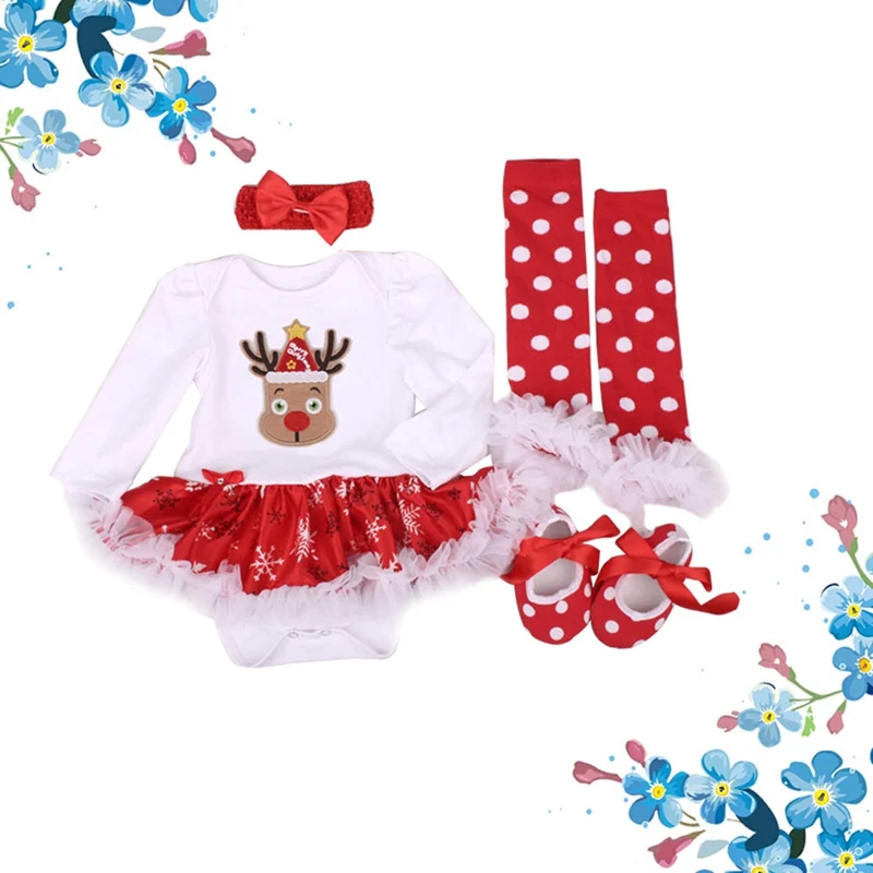 Baby Christmas Clothing Sets Infant Outfits Long Sleeve Lace Snowflake Romper Shoes DressJumpersuit Christmas Birthday Costume