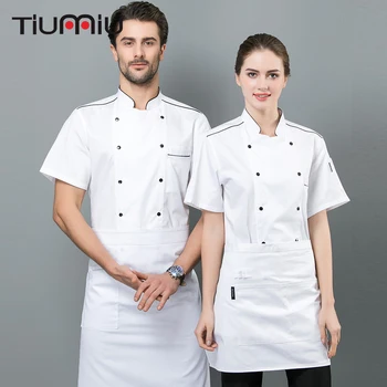 

2019 Professional Chef Uniform White Black Short Sleeve Chef Jacket Kitchen Restaurant Hotel Baking Cafe Men Women Overalls