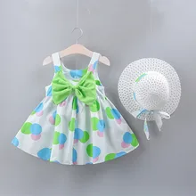 Летние комплекты одежды для девочек, платье+ шляпа в горошек без рукавов с принтом; платье принцессы с бантом Пляжное платье Belle детские платья для маленьких девочек одежда От 1 до 3 лет