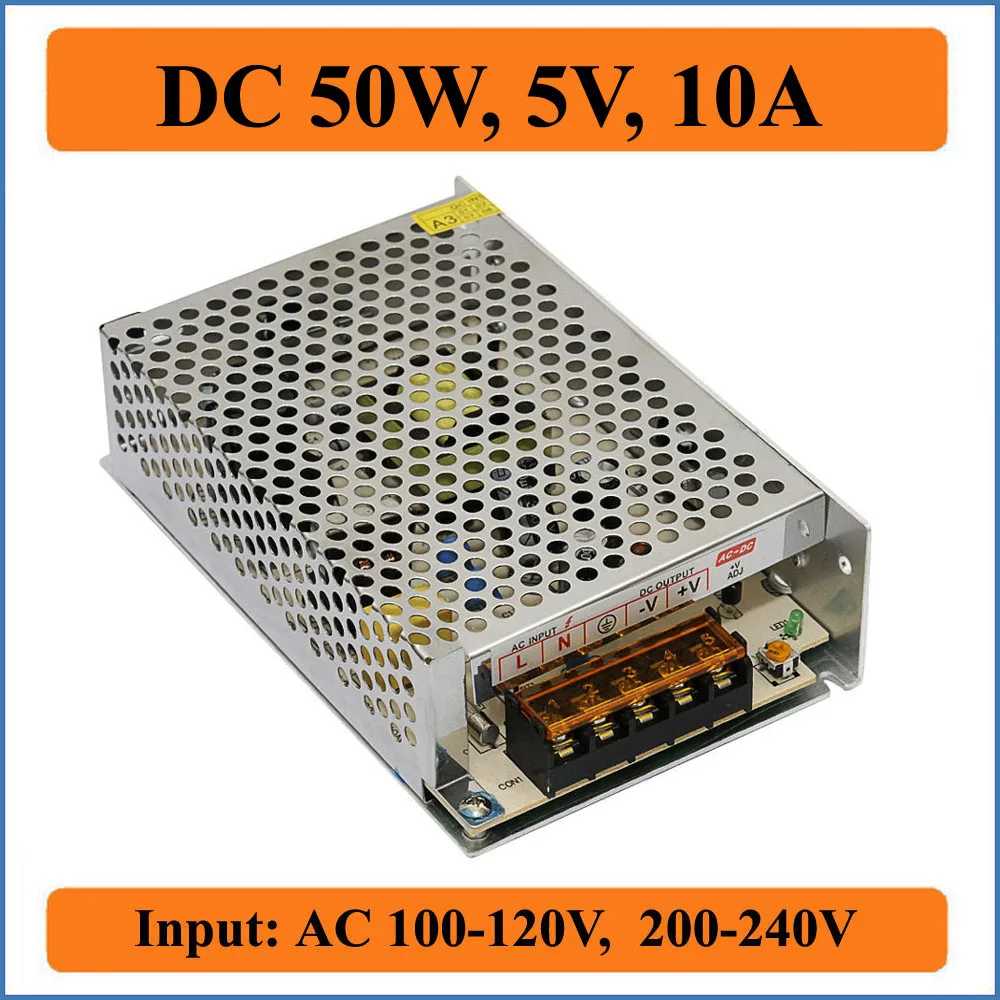 

50W 5V 10A Switching Power Supply for LED Strip, AC 110V/220V input to DC5V 10000mA output for LED light display control adapter