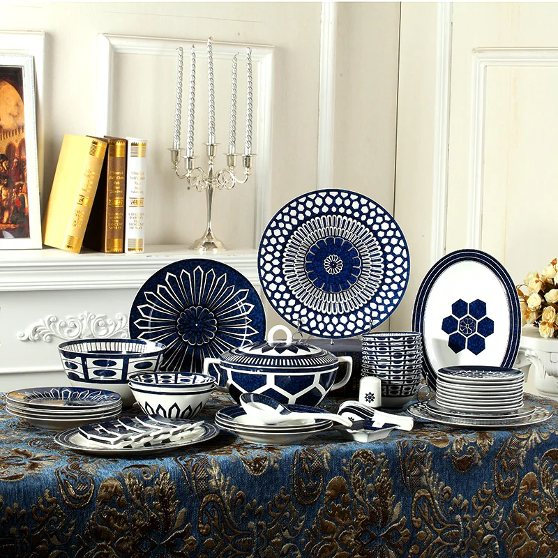 Chinese bone china blue bowl Western tableware set Household