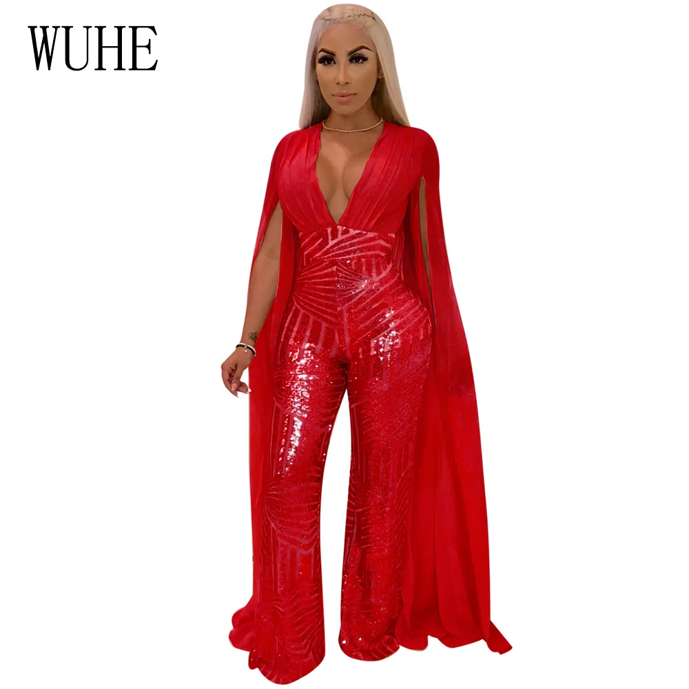 WUHE Sparkly Sequins Overalls For Women Cape Split Extra Long Sleeve V Neck Jumpsuit Elegant See Through Plus Size Party Romper