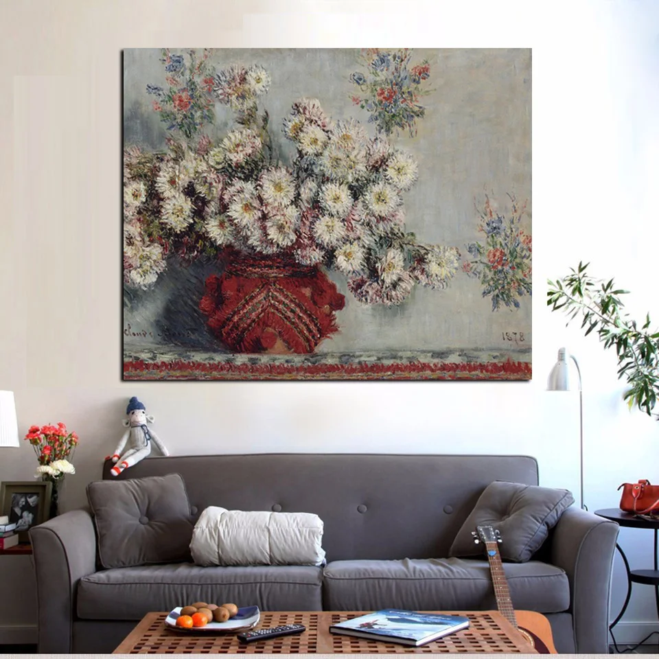 HD Print Still Life Wild Chrysanthemums Vase Monet Floral Oil Painting on Canvas Art Sofa Wall Picture for Living Room Cuadros (3)
