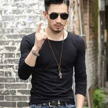 Мужская облегающая футболка с круглым вырезом и длинным рукавом, повседневный Однотонный пуловер, базовые футболки, весенне-Осенние футболки FDC99