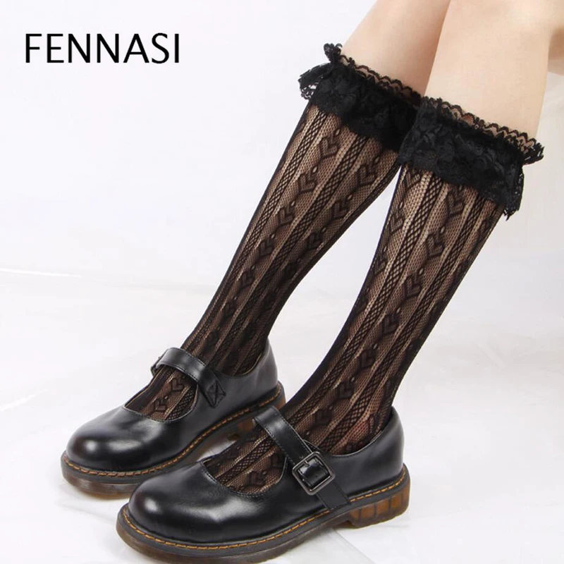 

FENNASI 4 Pairs Lot Girls Socks Trendy Elastic Love Lace Flowers Lolita Style Cute Socks Japanese Stretching Girl Socks