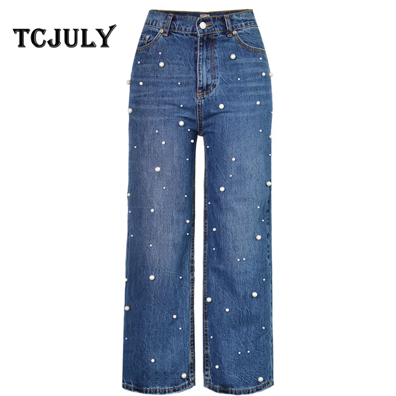 TCJULY 2018 Design 100 Cotton Pearl Decorated Jeans For Women Straight