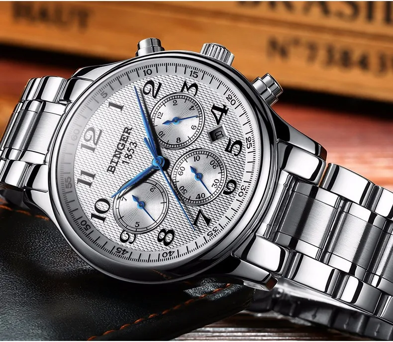 Watches Men Luxury Brand BINGER Automatic Mechanical Watch Waterproof Calendar Leather Wristwatch relogio masculino