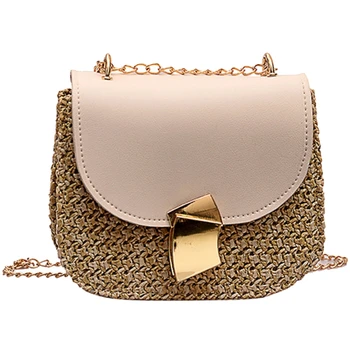 

Straw Shoulder Bag Small Flap Crossbody For Women Woven Bag Female Retro Beach Rattan Bag Chain Wicker(White)