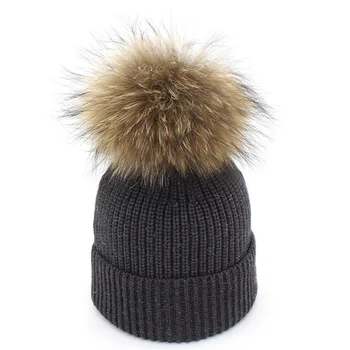 

Beanie Women Winter Warm Hat Real Raccoon Pom Pom Knit Cap Wool Headwear Soft Autumn Casual Outdoor Ski Skullies Snow Accessory