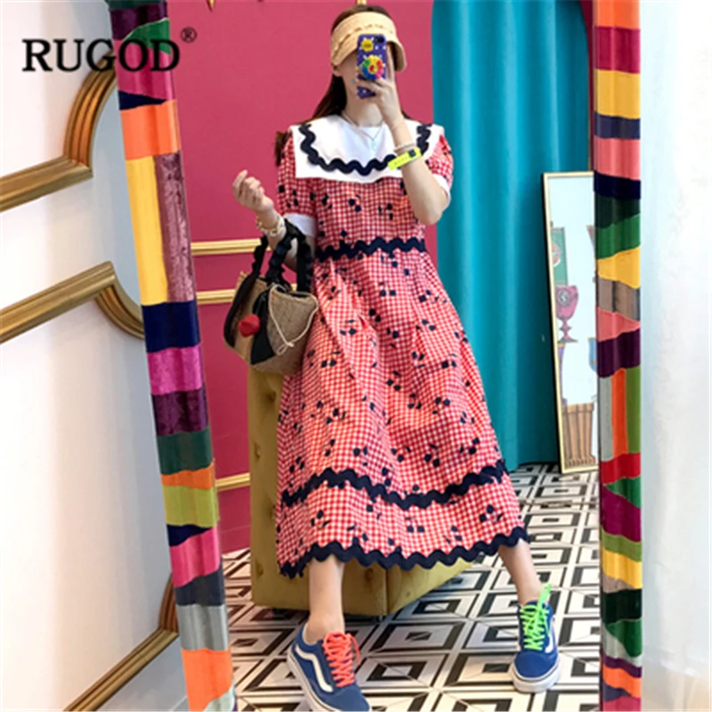 

RUGOD 2019 New Women Chic Cherry Print Plaid Dress Peter Pan Collar Short Sleeves A-line платье Vintage Sweet Stylish Vestidos