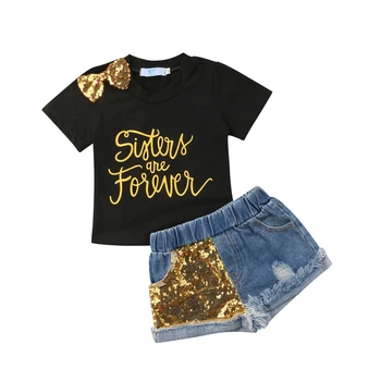 

Summer Toddler Kids Baby Girl Letter Print T-shirt Tops+Sequins Denim Shorts Jeans 2PCS Outfits Children Clothing Set