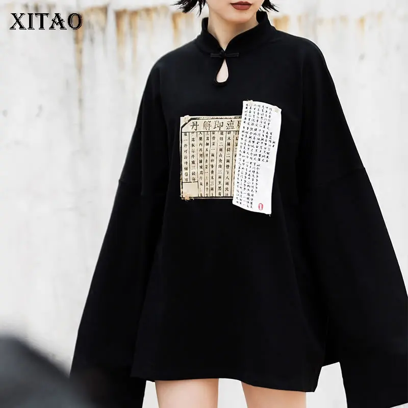

[XITAO] 2019 Chinese Style Vintage Spring New Stand Collar Tops Chinese Patch Designs Full Sleeve Female Sweatshirts XWW3221