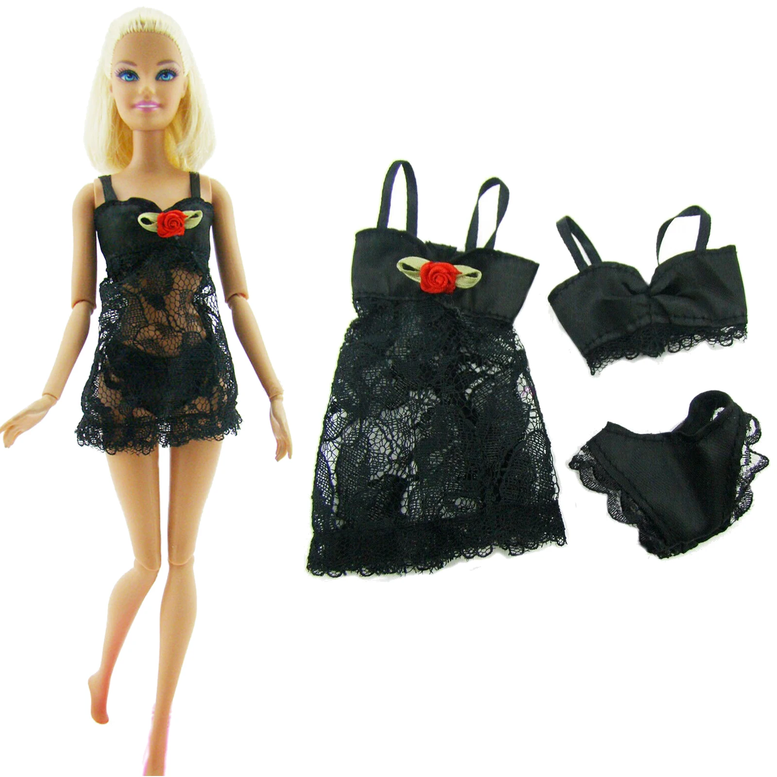 3 Pcs =1 Set Sexy Pajamas Lingerie Lace Costumes+ Bra+ Underwear Dress Clothes for Barbie Doll Clothes Accessories Girl Toy