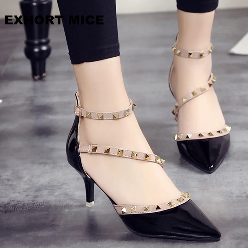 Brand Women Pumps Wedding Shoes Woman High Heels Nude Fashion Ankle Straps Rivets Shoes Sexy Bridal Shoes 6CM - Цвет: 905 Black