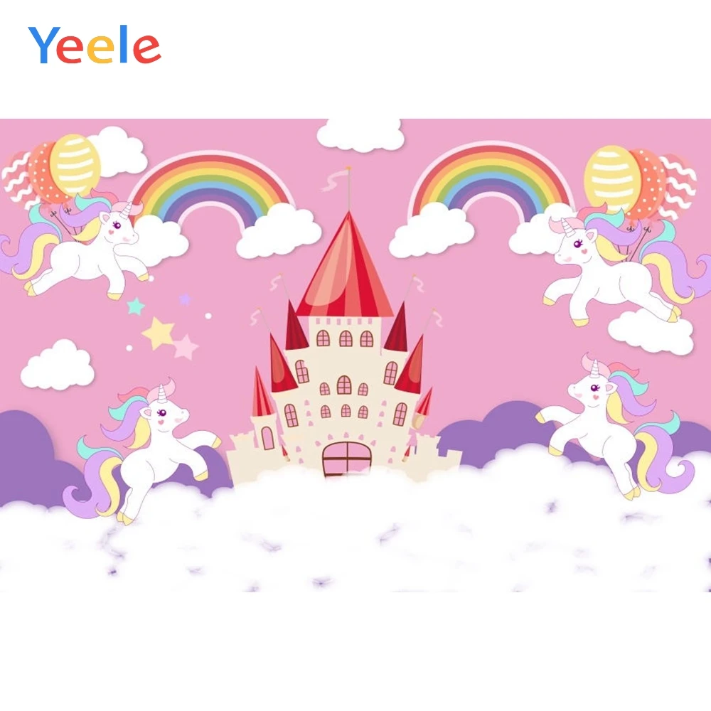 

Yeele Cartoon Unicorn Castle Photography Backgrounds Baby Girl Birthday Party Custom Vinyl Photographic Backdrop Photo Studio