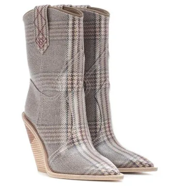 short boots Mcacchi/Новинка года; модные ботинки для подиума с тиснением в клетку; женские сапоги до колена с острым носком на необычном высоком каблуке; женские ботинки «Челси» - Цвет: short boots