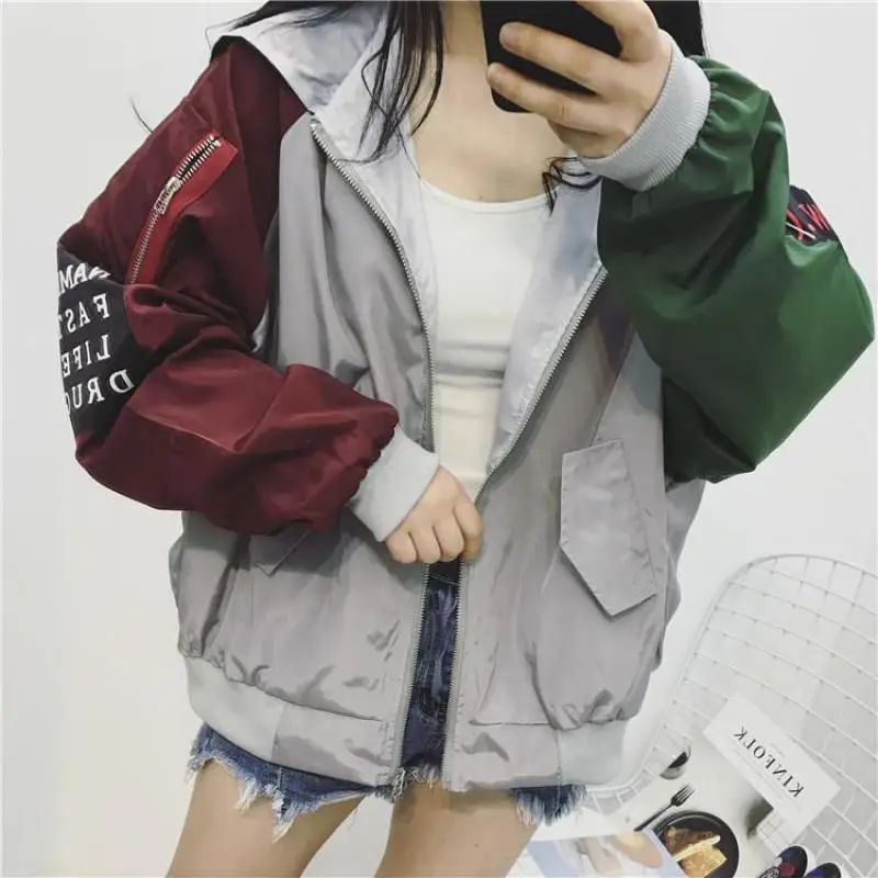 amazing  Spring Autumn Women Contrast Short Jacket Long Sleeve Zipper Letter Jacket Korean Loose Patch Femal