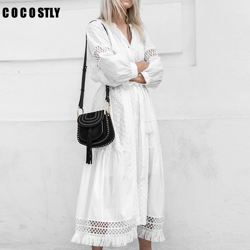 

White Lace Up Long Sexy Dress Women Summer V-neck Hollow Out Party Bohemian Long Dress Casual Feminino Dresses Vestidos
