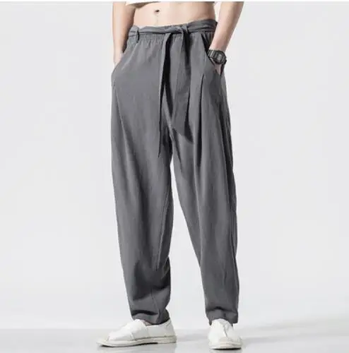 Серый Spring and Summer New Chinese Men's Trousers Cotton loose and comfortable Leisure Flax Broad-legged Large size Hallen Trousers - Цвет: Серый