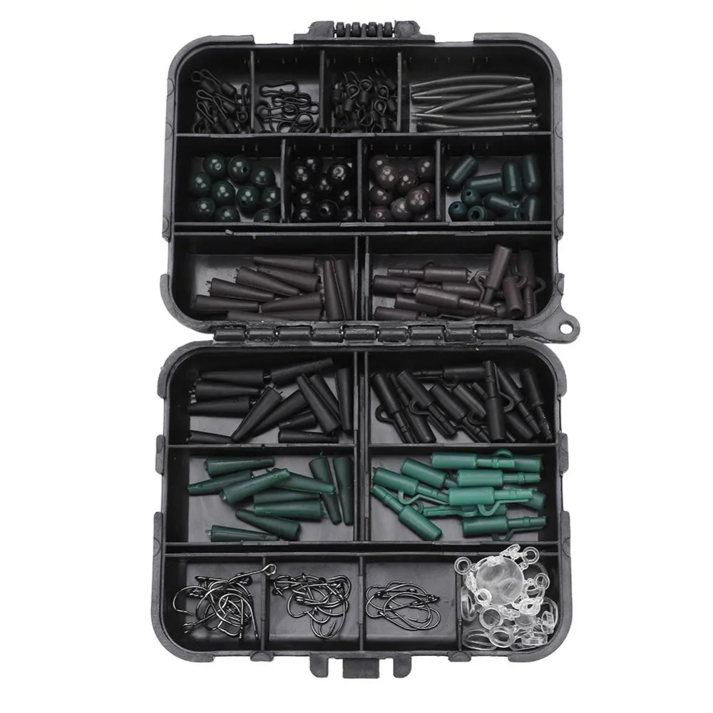 

DE US 183pcs/Box Fishing Accessories Fishing Barbed Hooks Swivels Soft Beads Sleeves Tubes Clips Set Carp Fishing Tackle Box