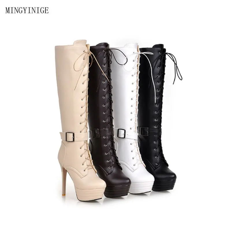 

Airfour Big Size 35-43 Women Knee High Boots Black Platform Pumps Shoes Women Square Heel High Round Toe Winter Knight Boots