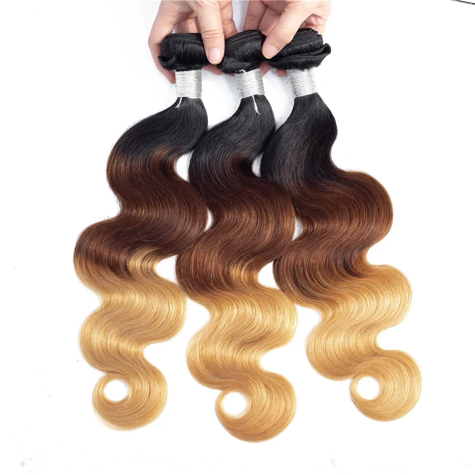 Ombre Bundles with Closure 1B/4/27# Three Tone Ably Brazilian Body Wave Blonde Remy Human Hair 3 Bundles with 4X4 Lace Closure