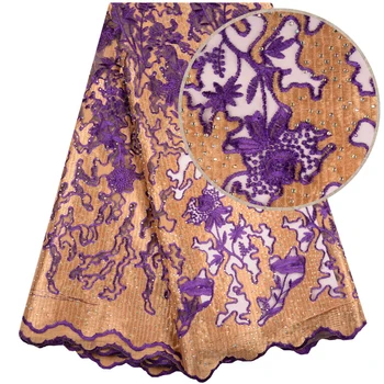 

Latest Design Nigeian Women Gold Line French Lace Dress With Beads For Wedding Sewing Material Embroidery African Fabrics 1493B