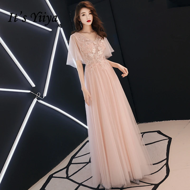 

It's YiiYa Evening Dresses Sexy V-neck Embroidery Crystal Formal Dress Elegant Pearls Lace Up Illusion A-line Party Gowns E411