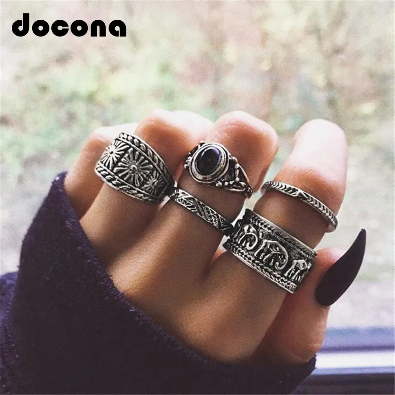 

Docona Vintage Silver Color Elephant Carved Ring Set for Women Girl Geometric Knuckle Midi Rings Set Anillo 5pcs/1set 6222