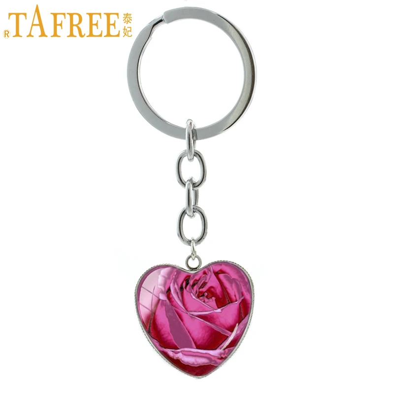 

TAFREE Romantic lovers Rose pendant key chain ring fashion red pale pink yellow periwinkle rose keychain women jewelry HP312