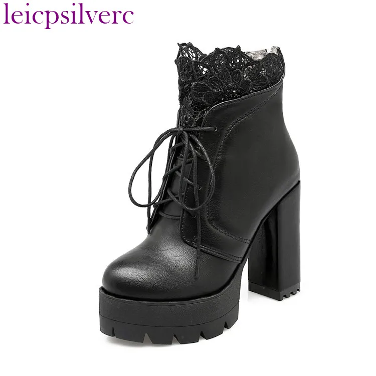 Ankle Boots for Women Round Toe Super High 8cm-up Square Heel Lace-Up Lace Short Plush Zipper Winter Platform Shoes Black White | Обувь