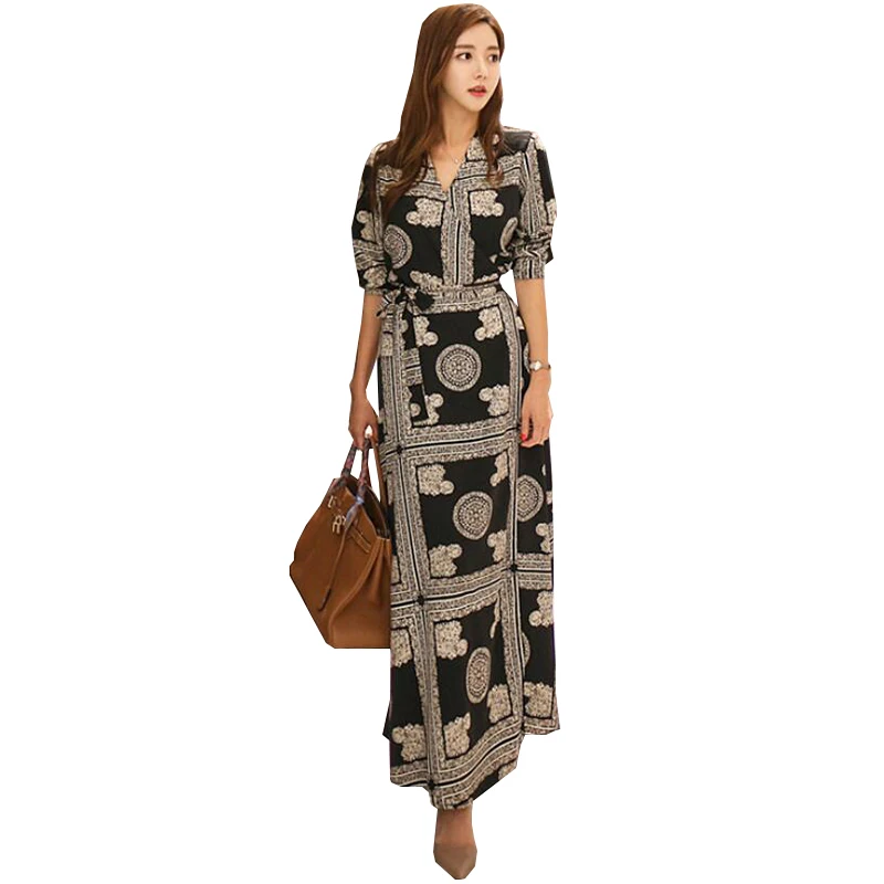 

Neck Scarf Print Belted Wrap Casual Dress Women 2019 Spring Long Sleeve Party Maxi Dress Vacation Ladies Dresses Female