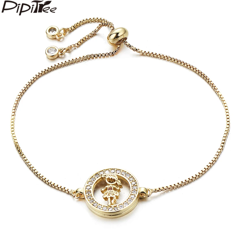 

Pipitree Cubic Zirconia Hollow Round Circle Dancing Girl Charm Bracelet Femme Copper Chain Adjustable Bracelets Women Jewelry
