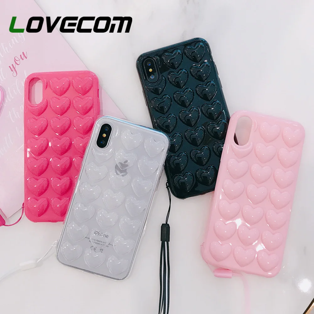 

LOVECOM Cute Candy Color Love Heart With String Case For iPhone XR XS Max 6 6S 7 8 Plus X Full Body Soft TPU Phone Back Cover